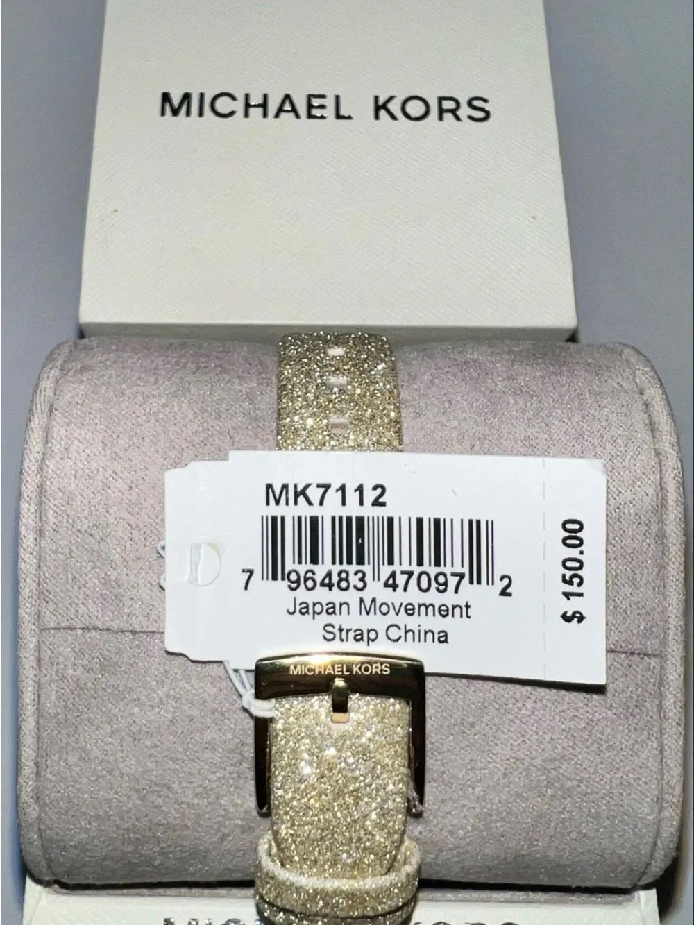 Michael Kors Charlie 3-Hand Gold Glitter Watch with Leather Band, Style# MK-7112